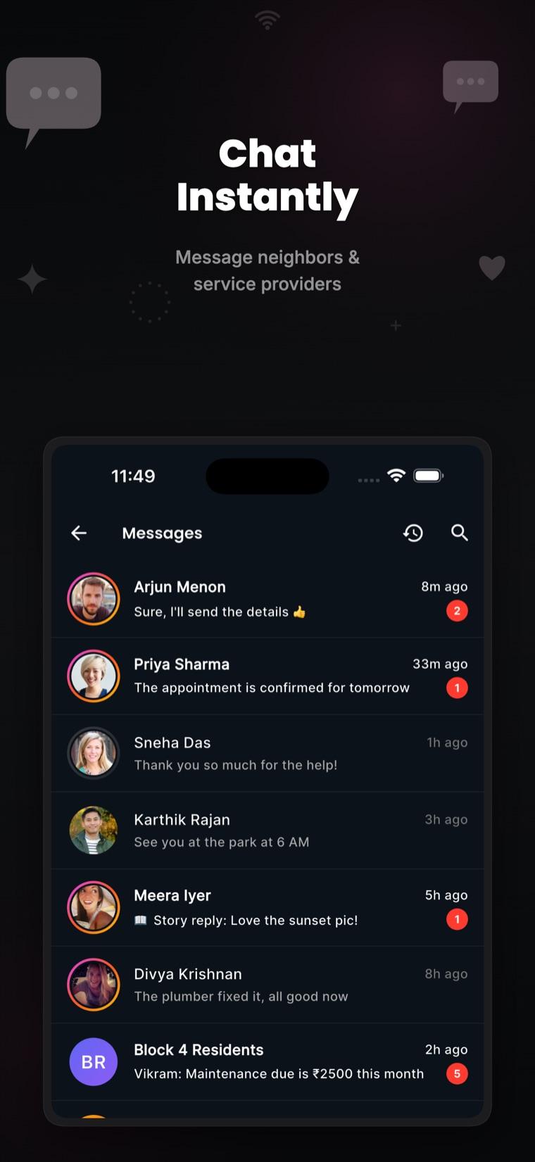 Messages — chat with neighbors and providers